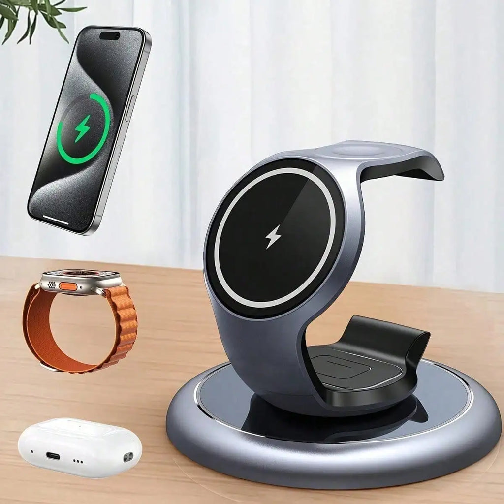 3 in 1 Curved Magnetic Wireless Charger Stand 15W Fast Charging Dock with Sleek Ergonomic Design