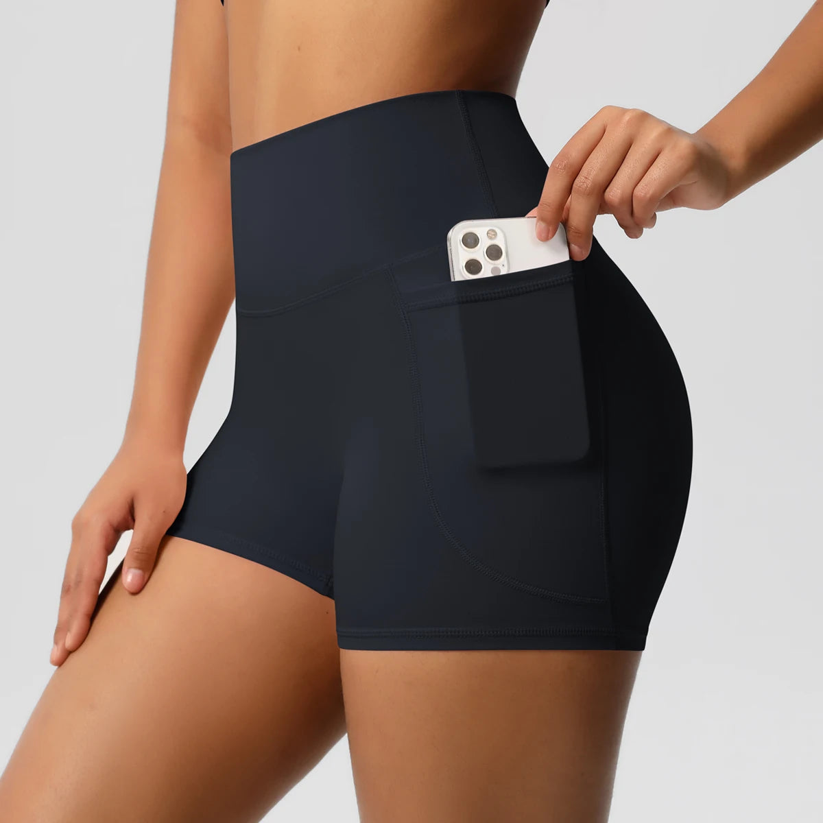Women's Solid Color Nylon Yoga Tightening Tummy Lifting Shorts Outdoor Cycling Running With Pockets Sports Shorts Gym Pilates