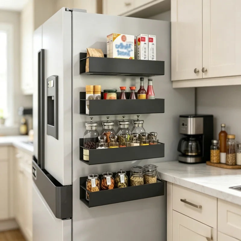 Magnetic Fridge Side Shelf for Spice Storage - Black Iron Space Saving Organizer, Refrigerator Side Rack for Kitchen