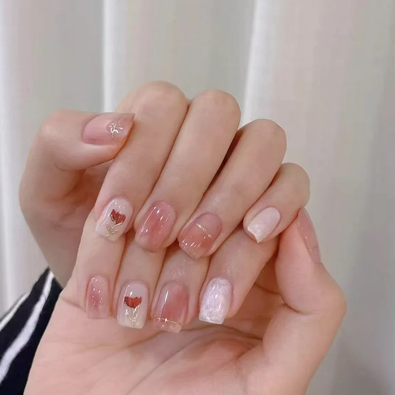 24Pcs Glitter Diamond Press On Nails Blush Pink Cat Eye Fake Nails Sweet Cute Coffin Full Cover Short Square False Nail Tips Art