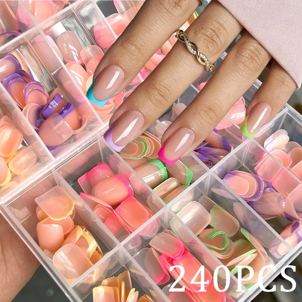 1BOX Candy Color French Short Square False Nails Pink/Green/Purple Full Cover Macarons Press On Nails DIY Artificial Manicure