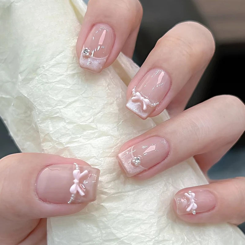 24Pcs Glitter Diamond Press On Nails Blush Pink Cat Eye Fake Nails Sweet Cute Coffin Full Cover Short Square False Nail Tips Art