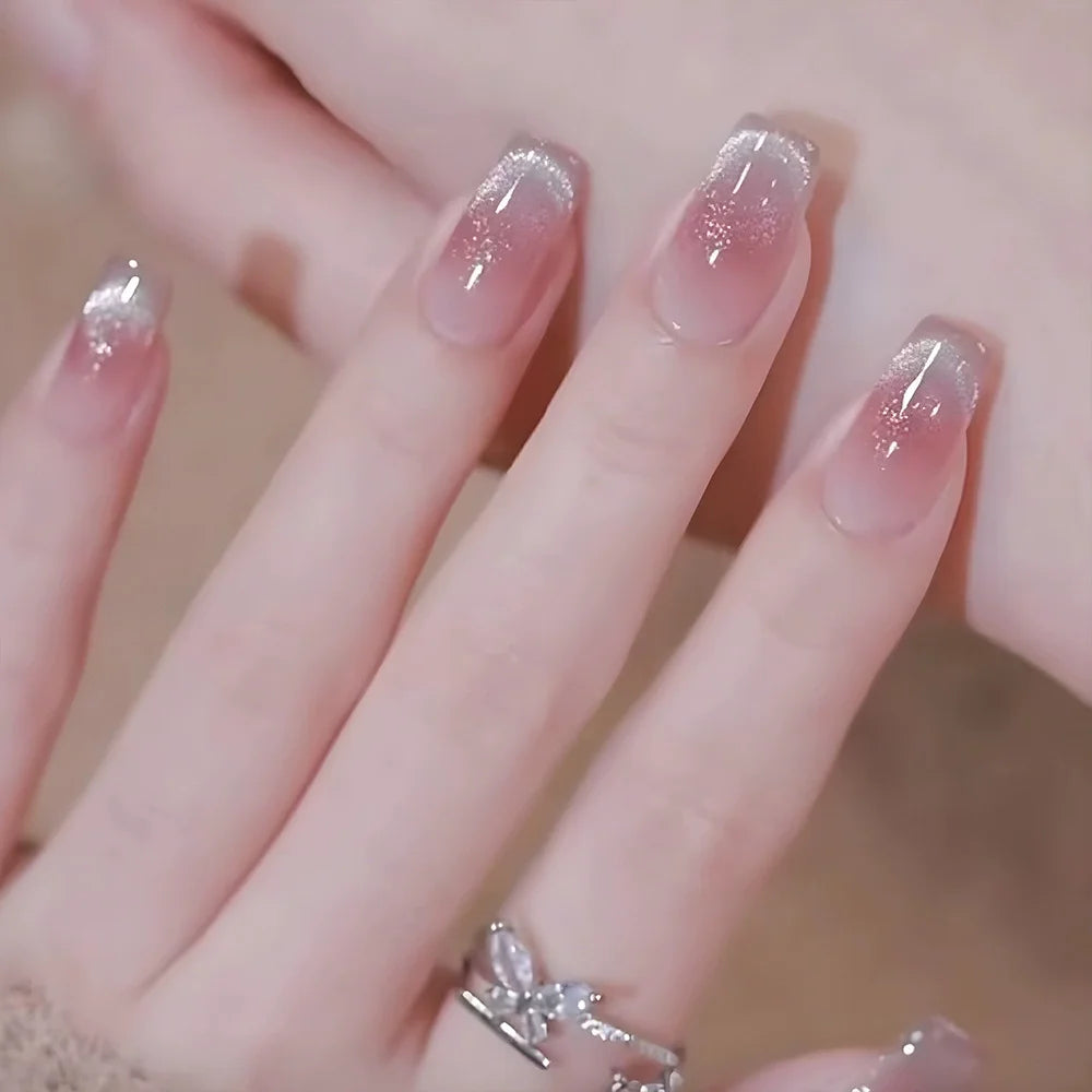 24Pcs Glitter Diamond Press On Nails Blush Pink Cat Eye Fake Nails Sweet Cute Coffin Full Cover Short Square False Nail Tips Art