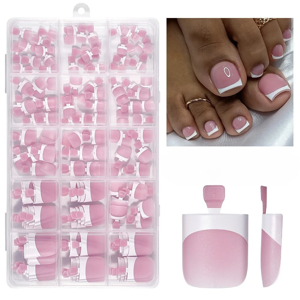 150pcs French Foot Wear Nail Set Summer Short Square Shiny False Toenail Acrylic Full Coverage Suitable for Nail Salon