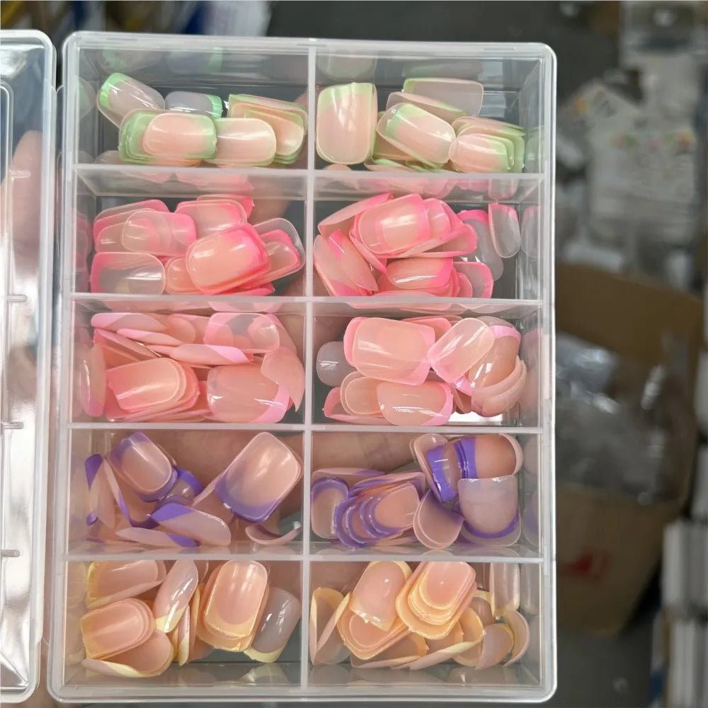 1BOX Candy Color French Short Square False Nails Pink/Green/Purple Full Cover Macarons Press On Nails DIY Artificial Manicure