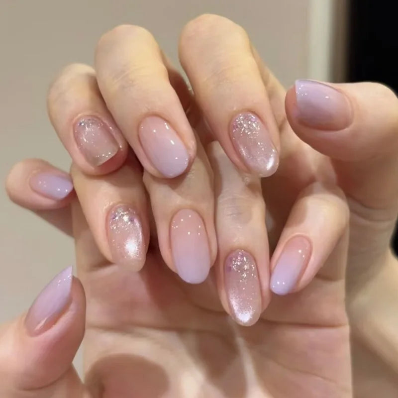 24Pcs Glitter Diamond Press On Nails Blush Pink Cat Eye Fake Nails Sweet Cute Coffin Full Cover Short Square False Nail Tips Art