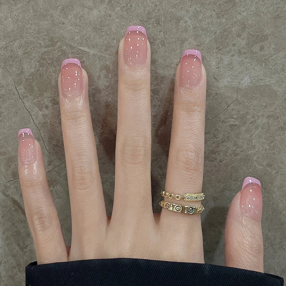 24Pcs Glitter Diamond Press On Nails Blush Pink Cat Eye Fake Nails Sweet Cute Coffin Full Cover Short Square False Nail Tips Art