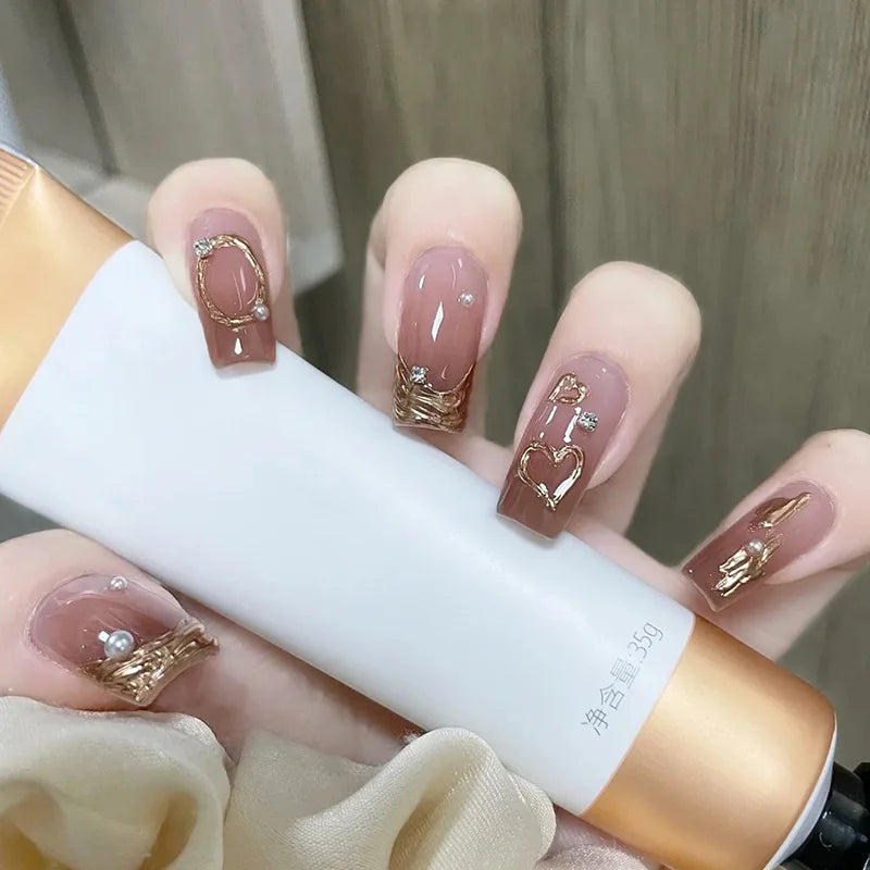 24Pcs Glitter Diamond Press On Nails Blush Pink Cat Eye Fake Nails Sweet Cute Coffin Full Cover Short Square False Nail Tips Art