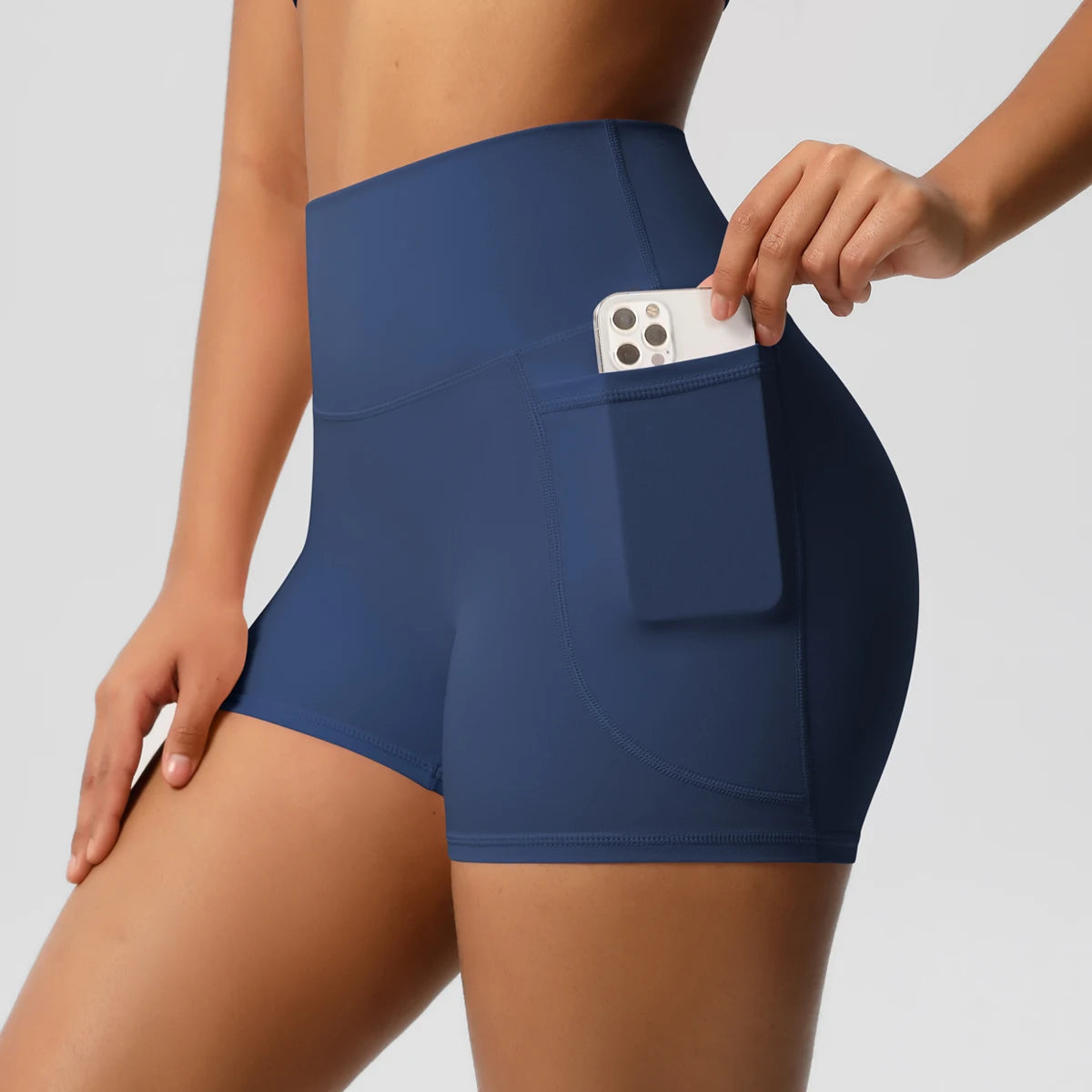 Women's Solid Color Nylon Yoga Tightening Tummy Lifting Shorts Outdoor Cycling Running With Pockets Sports Shorts Gym Pilates