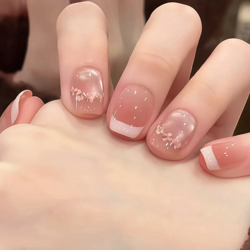 24Pcs Glitter Diamond Press On Nails Blush Pink Cat Eye Fake Nails Sweet Cute Coffin Full Cover Short Square False Nail Tips Art