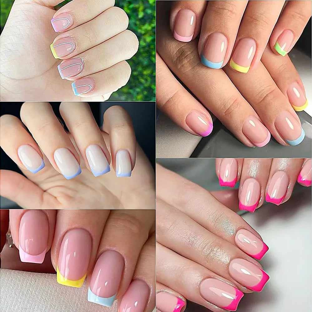 1BOX Candy Color French Short Square False Nails Pink/Green/Purple Full Cover Macarons Press On Nails DIY Artificial Manicure