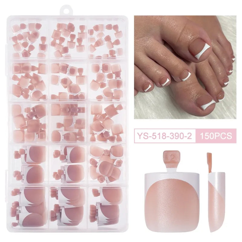 150pcs French Foot Wear Nail Set Summer Short Square Shiny False Toenail Acrylic Full Coverage Suitable for Nail Salon