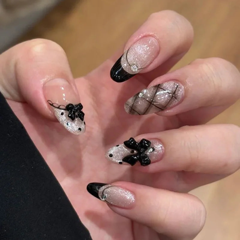 24Pcs Glitter Diamond Press On Nails Blush Pink Cat Eye Fake Nails Sweet Cute Coffin Full Cover Short Square False Nail Tips Art