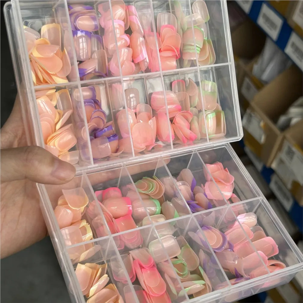 1BOX Candy Color French Short Square False Nails Pink/Green/Purple Full Cover Macarons Press On Nails DIY Artificial Manicure