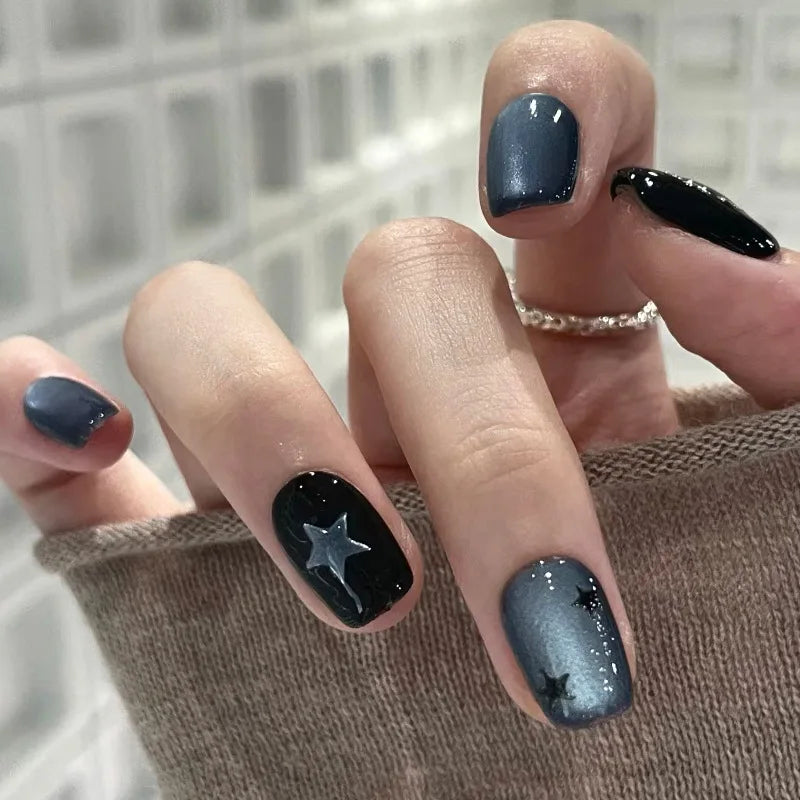 24Pcs Glitter Diamond Press On Nails Blush Pink Cat Eye Fake Nails Sweet Cute Coffin Full Cover Short Square False Nail Tips Art