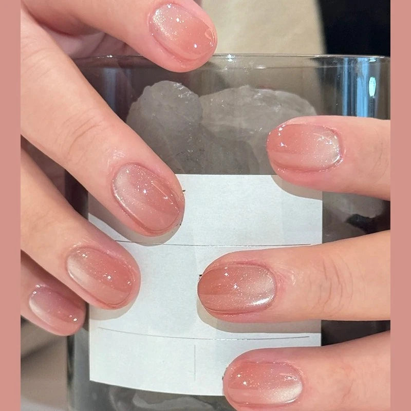 24Pcs Glitter Diamond Press On Nails Blush Pink Cat Eye Fake Nails Sweet Cute Coffin Full Cover Short Square False Nail Tips Art
