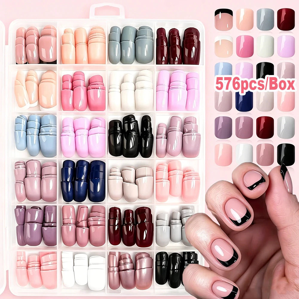 576pcs/Box Colorful Fake Nails Black Red Design Fake Nail Oval Short Square Press On False Nails Mixed Full Cover Nail Tips