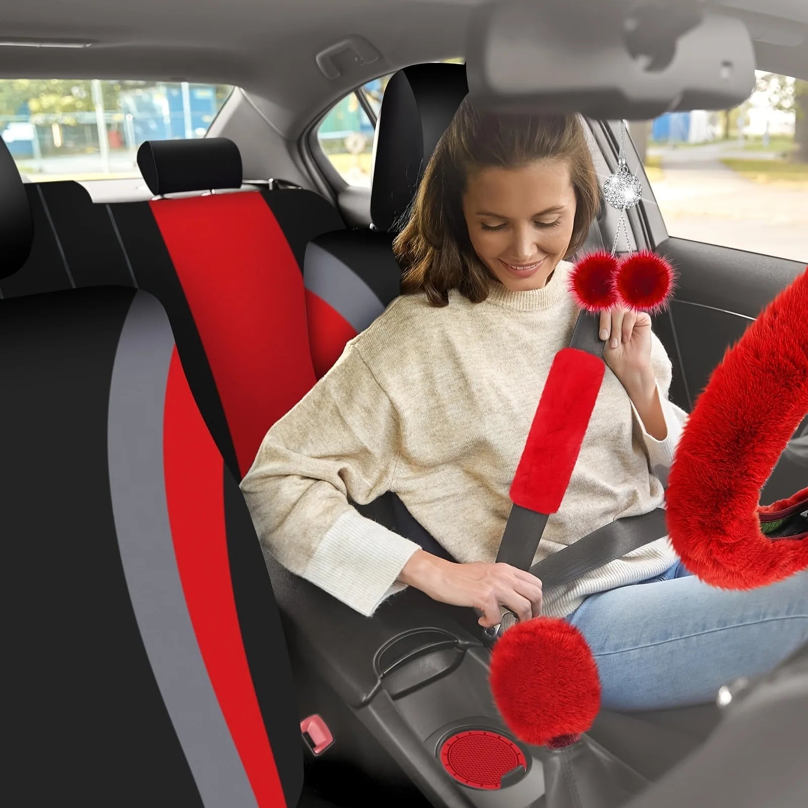 47pcs Car Seat Cover Full Set Car Seat Covers for Car Front Rear Seat Cover Fluffy Steering Wheel Cover Seat Belt Automotive Floor Mats Car Air Conditioner Decoration Strip Car Accessories Women