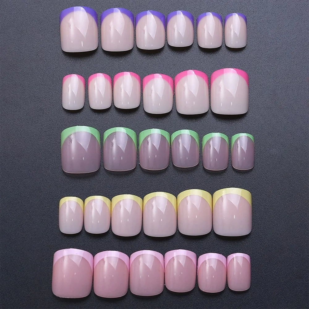 1BOX Candy Color French Short Square False Nails Pink/Green/Purple Full Cover Macarons Press On Nails DIY Artificial Manicure
