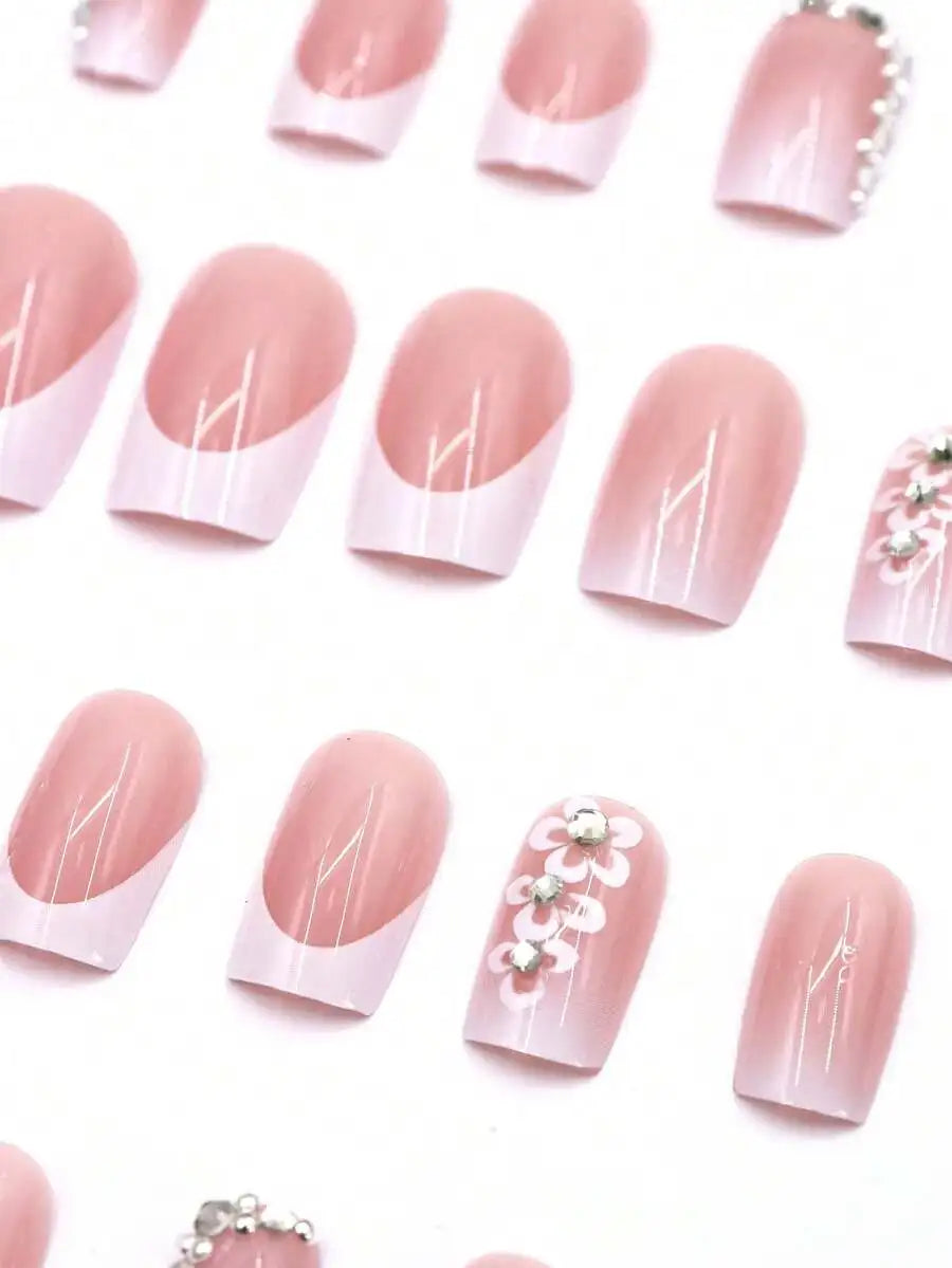 24Pcs Elegant & Simplistic Floral Nail Art Stickers, Pink, Daily & Party Wear Press On Nails Nail Supplies Nails