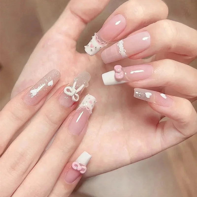 24Pcs Glitter Diamond Press On Nails Blush Pink Cat Eye Fake Nails Sweet Cute Coffin Full Cover Short Square False Nail Tips Art