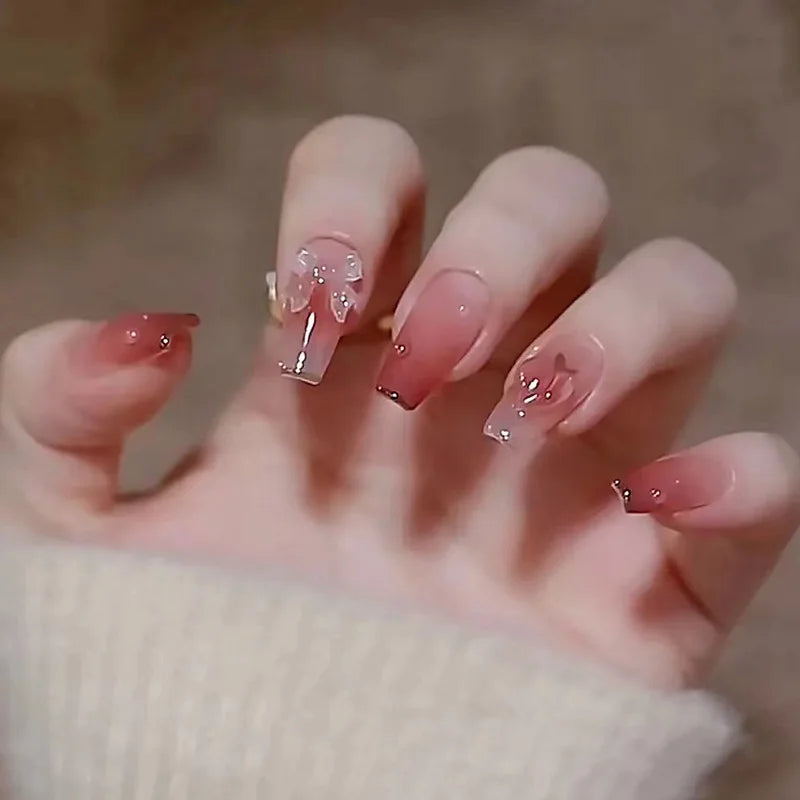 24Pcs Glitter Diamond Press On Nails Blush Pink Cat Eye Fake Nails Sweet Cute Coffin Full Cover Short Square False Nail Tips Art
