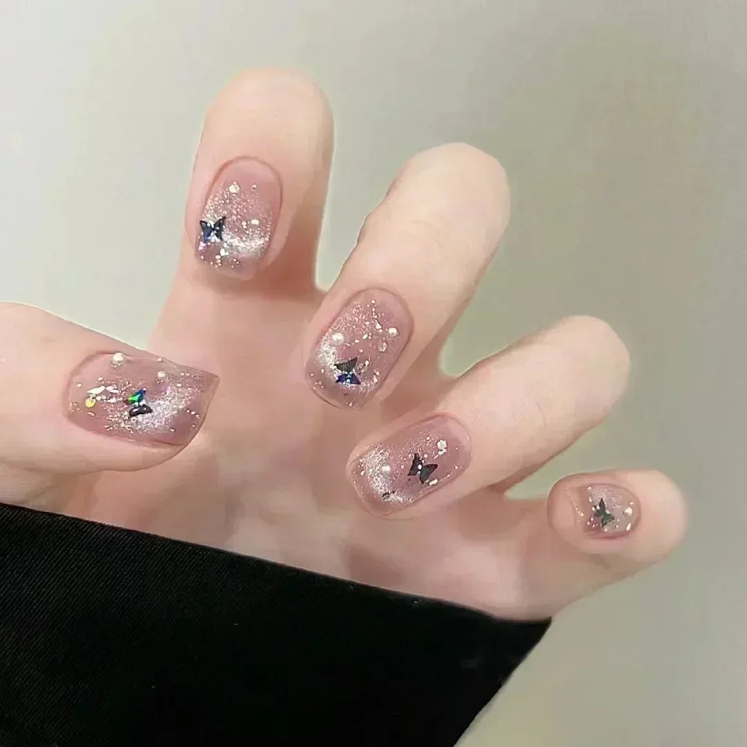 24Pcs Glitter Diamond Press On Nails Blush Pink Cat Eye Fake Nails Sweet Cute Coffin Full Cover Short Square False Nail Tips Art
