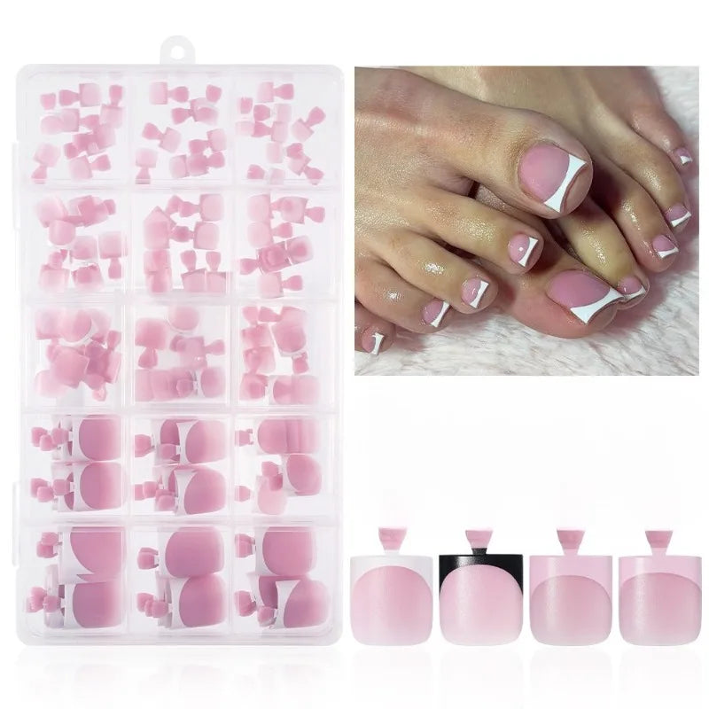 150pcs French Foot Wear Nail Set Summer Short Square Shiny False Toenail Acrylic Full Coverage Suitable for Nail Salon