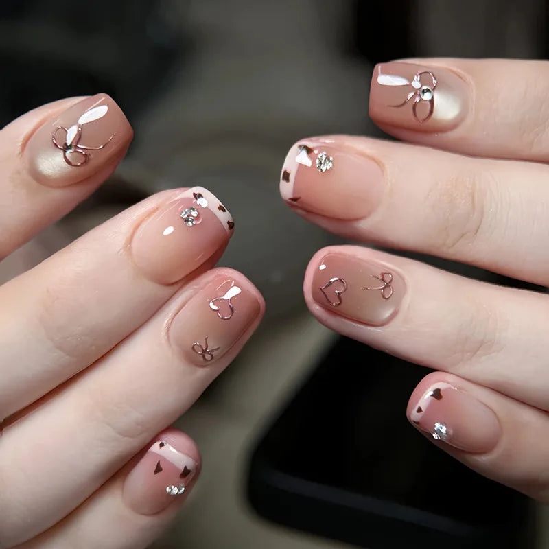 24Pcs Glitter Diamond Press On Nails Blush Pink Cat Eye Fake Nails Sweet Cute Coffin Full Cover Short Square False Nail Tips Art