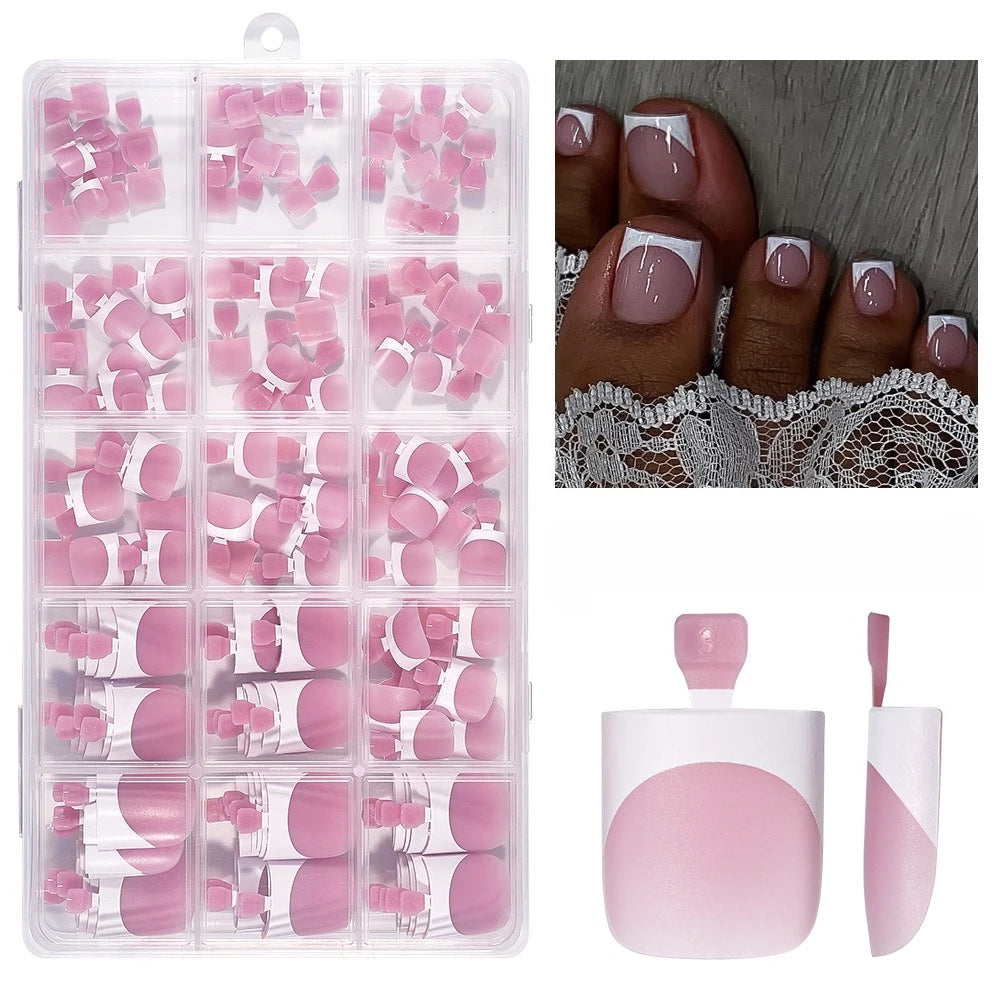 150pcs French Foot Wear Nail Set Summer Short Square Shiny False Toenail Acrylic Full Coverage Suitable for Nail Salon