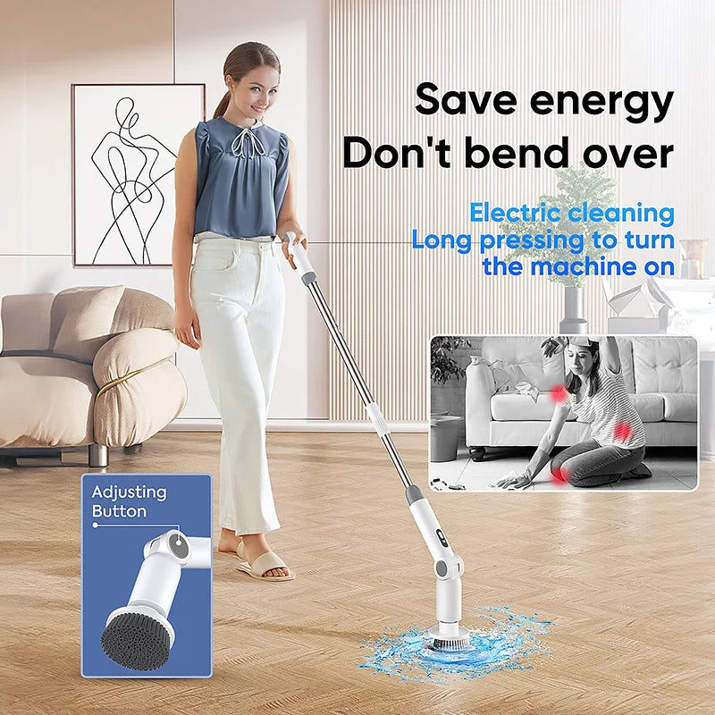 2025 NEW 8-in-1 Electric Spin Scrubber Wireless Cleaning Brush IPX7 Waterproof Bathroom Scrubber Adjustable Extension Handle