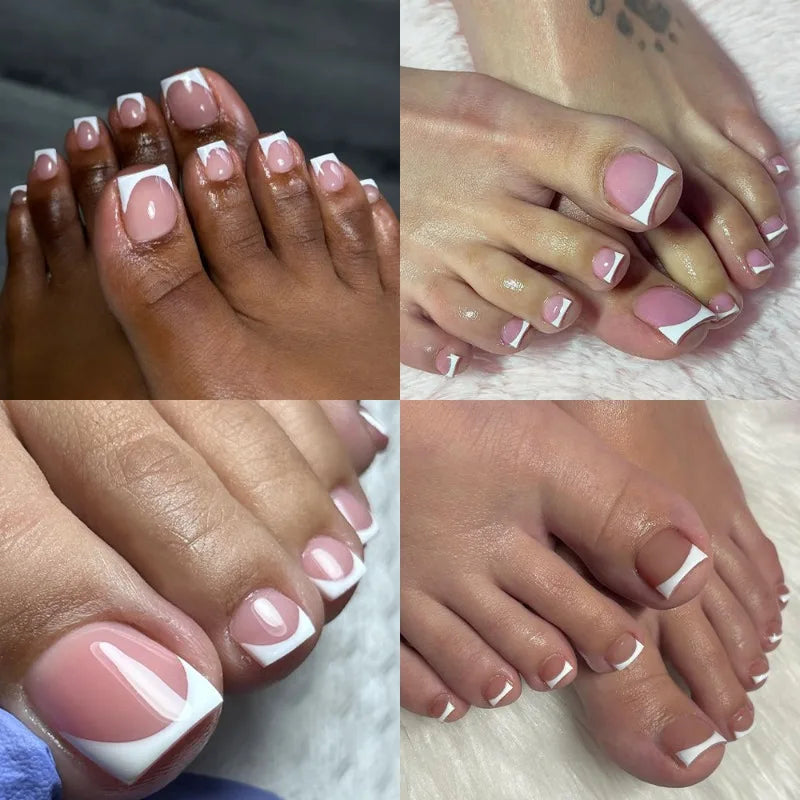 150pcs French Foot Wear Nail Set Summer Short Square Shiny False Toenail Acrylic Full Coverage Suitable for Nail Salon