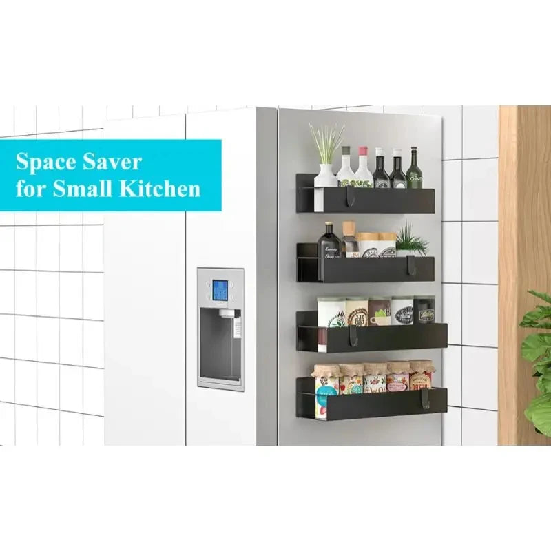 Magnetic Fridge Side Shelf for Spice Storage - Black Iron Space Saving Organizer, Refrigerator Side Rack for Kitchen