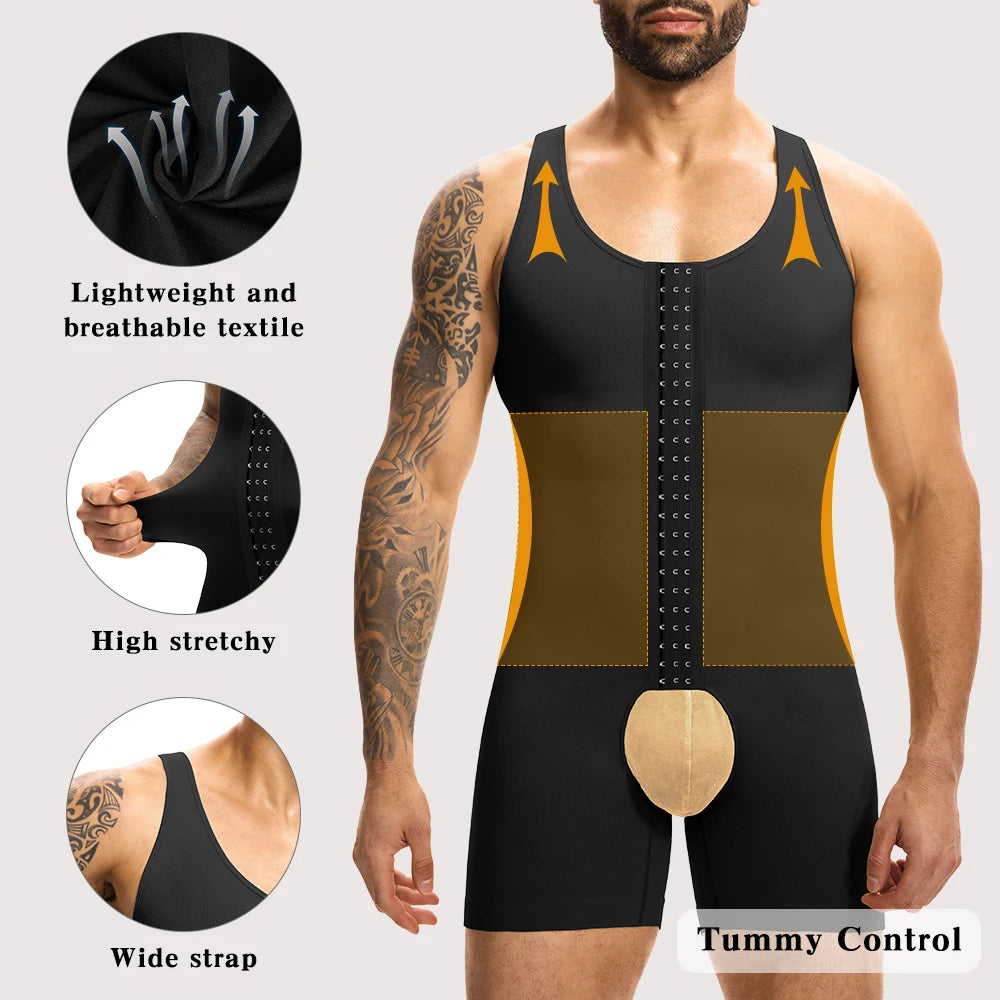 Men's Compression Shapewear  Tummy Control Full Body Shaper Slimming Bodysuit with Open Crotch for Post Surgery Recovery