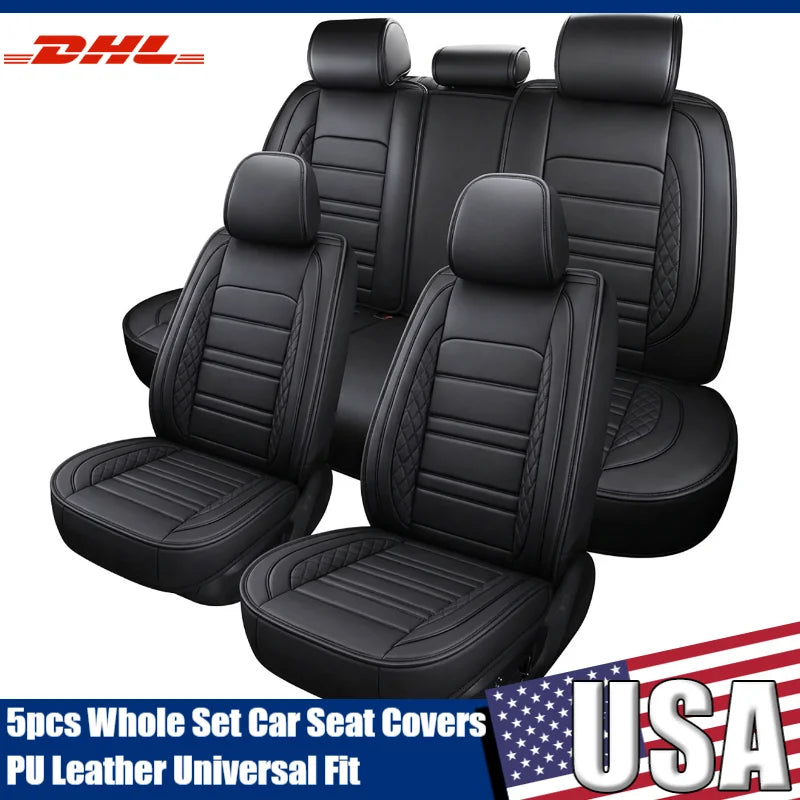 5pcs Full Set Car Seat Covers PU Leather Front Rear Seat Bench Protector Four Season Universal Fit Most Car Sedan SUV
