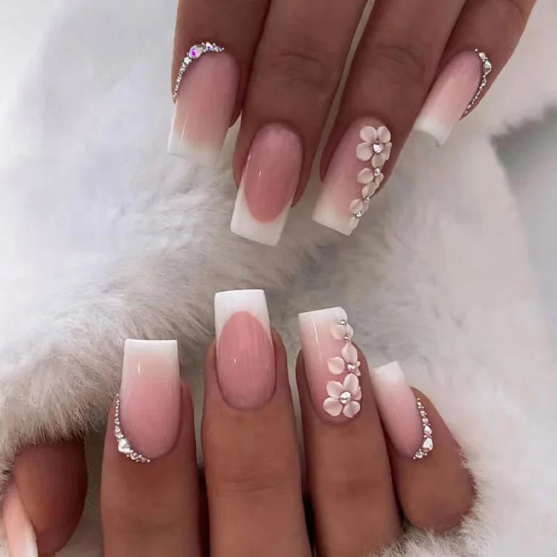 24Pcs Elegant & Simplistic Floral Nail Art Stickers, Pink, Daily & Party Wear Press On Nails Nail Supplies Nails