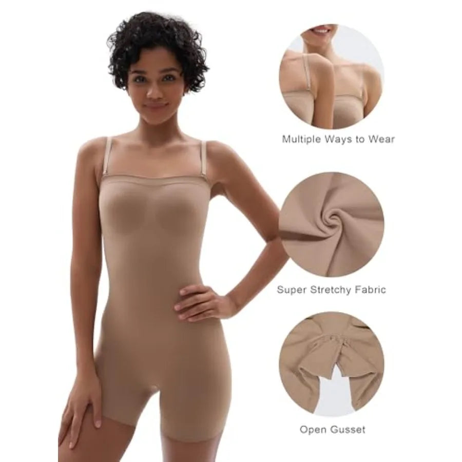 SHAPERX Strapless Shorts Bodysuit for Women Tummy Control Shapewear Seamless Sculpt Body Shaper with Removable Straps