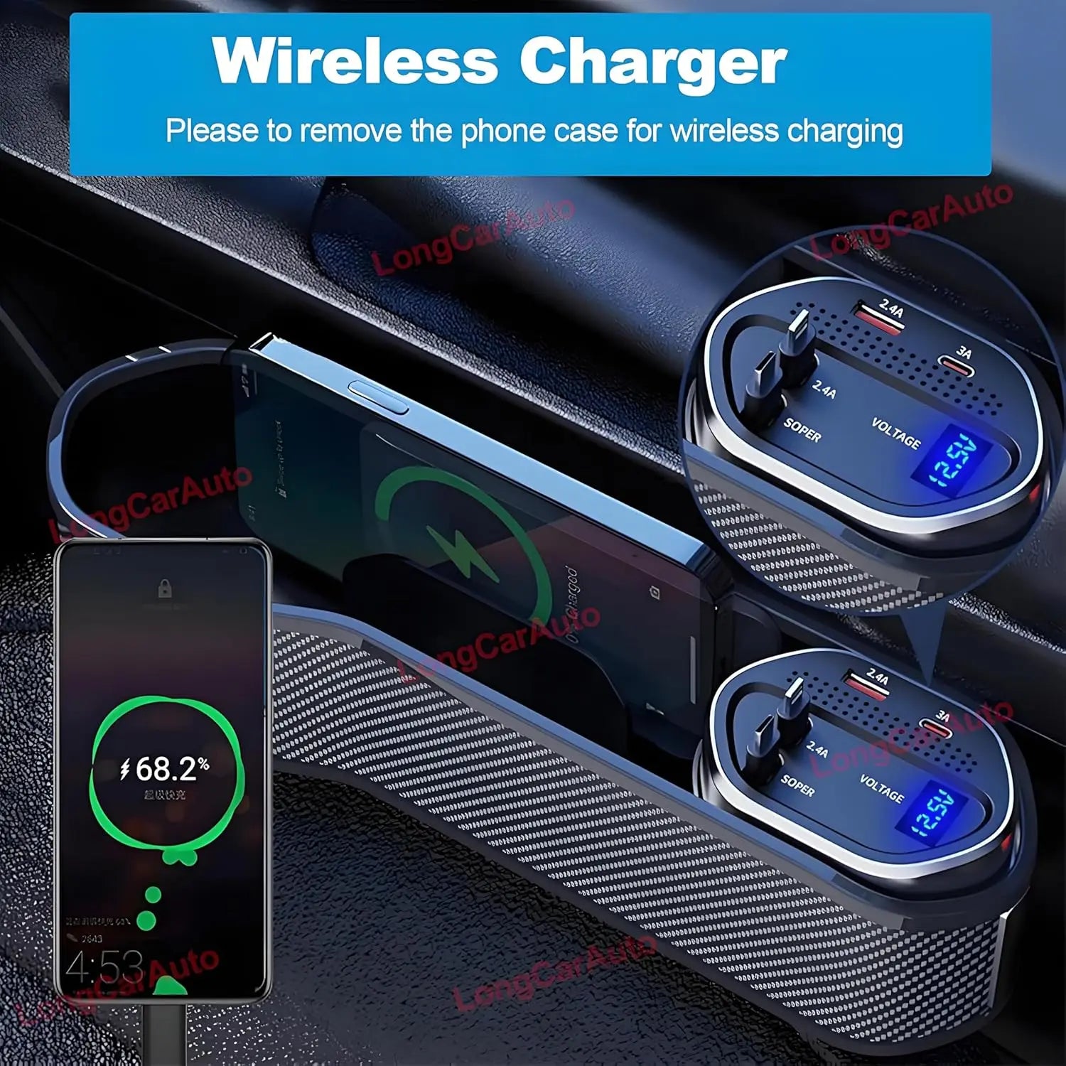 5 in 1 Car Seat Gap Organizer With Wireless Charger Fast Retractable Cable IOS Type C Lighting Cup Holder Cigarette Lighter Storage Box