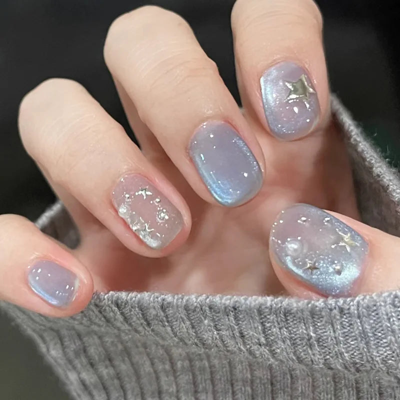 24Pcs Glitter Diamond Press On Nails Blush Pink Cat Eye Fake Nails Sweet Cute Coffin Full Cover Short Square False Nail Tips Art