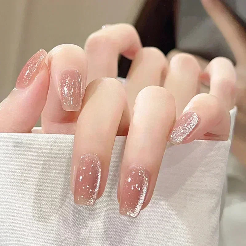 24Pcs Glitter Diamond Press On Nails Blush Pink Cat Eye Fake Nails Sweet Cute Coffin Full Cover Short Square False Nail Tips Art