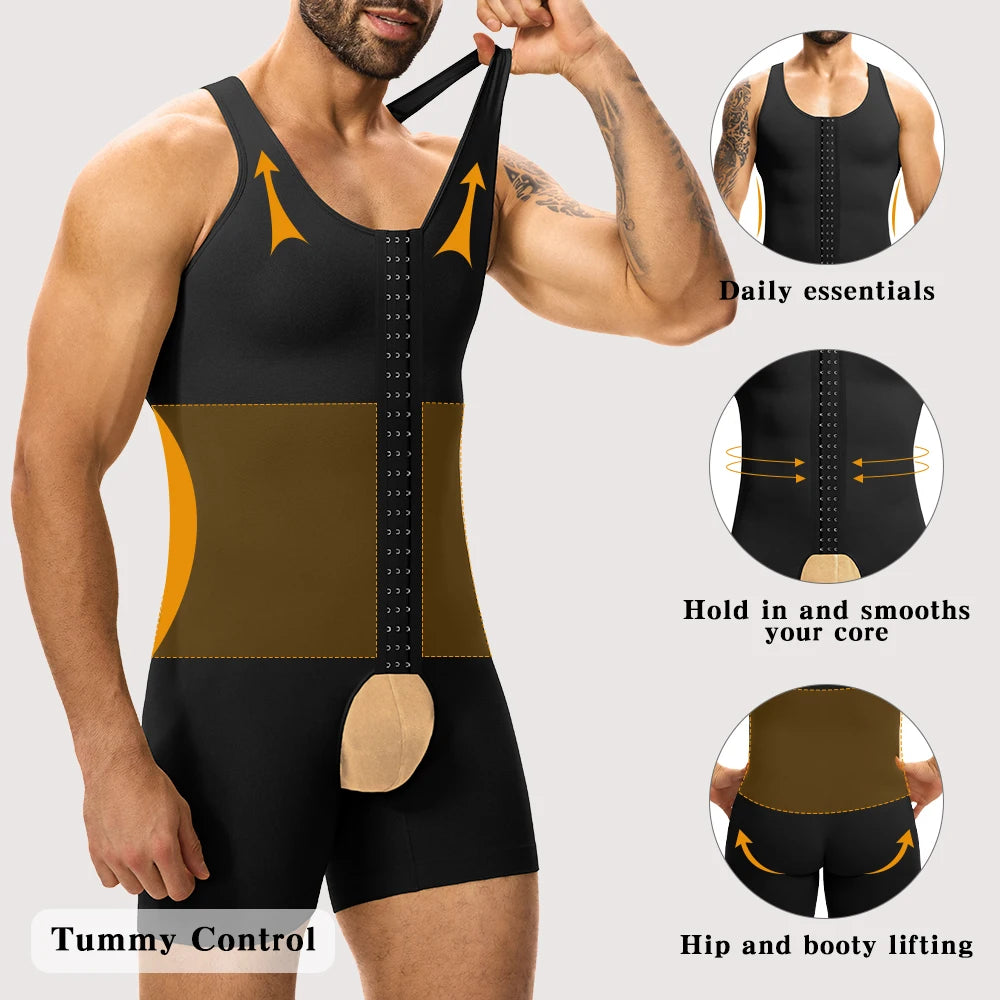 Men's Compression Shapewear  Tummy Control Full Body Shaper Slimming Bodysuit with Open Crotch for Post Surgery Recovery