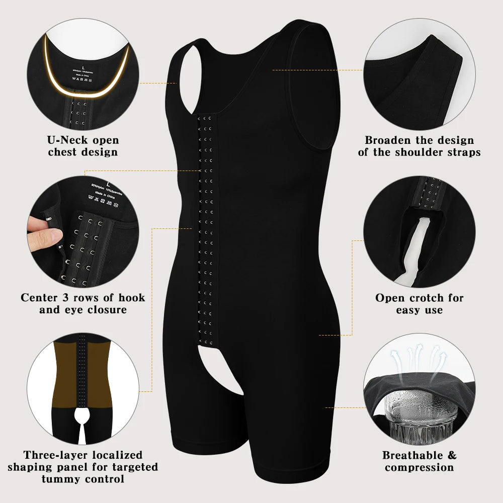 Men's Compression Shapewear  Tummy Control Full Body Shaper Slimming Bodysuit with Open Crotch for Post Surgery Recovery