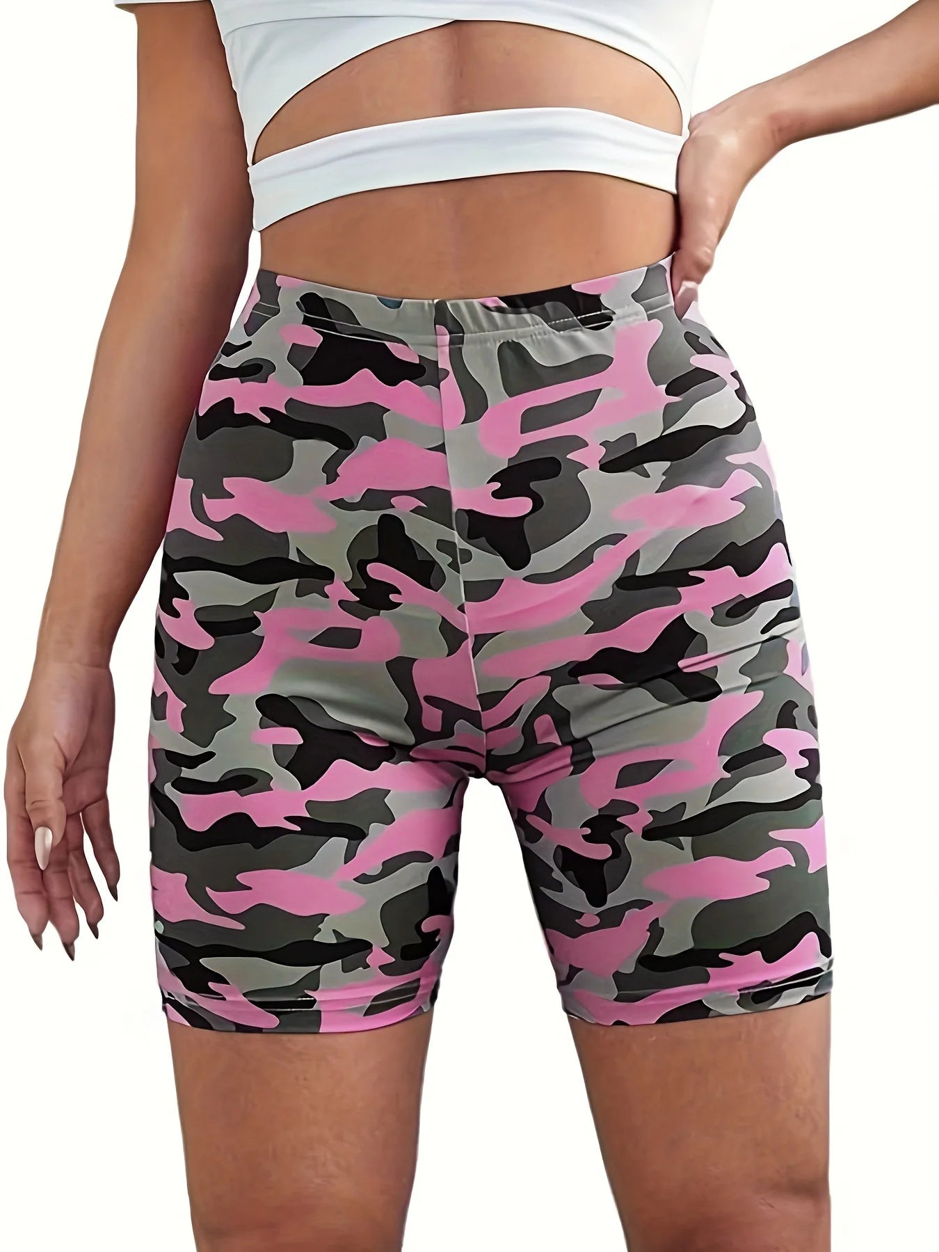 Women's Athletic Camo Print Yoga Shorts High Waist Slim Fitness Shorts Tummy Control Cycling Yoga Pants