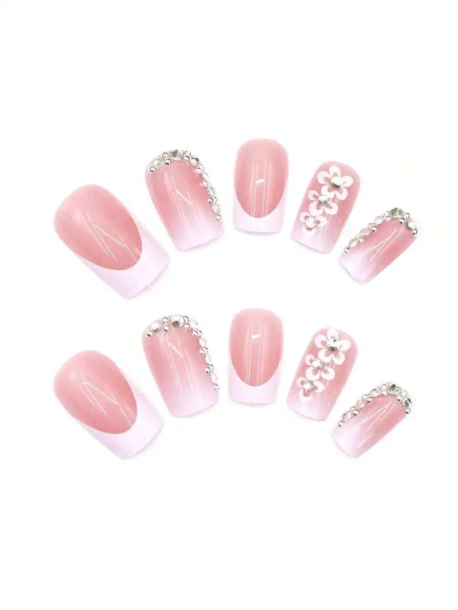 24Pcs Elegant & Simplistic Floral Nail Art Stickers, Pink, Daily & Party Wear Press On Nails Nail Supplies Nails