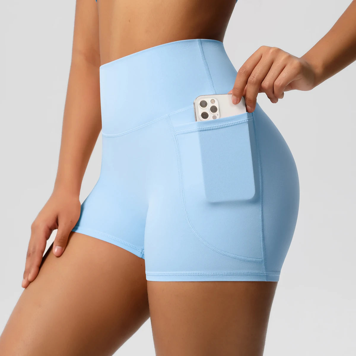 Women's Solid Color Nylon Yoga Tightening Tummy Lifting Shorts Outdoor Cycling Running With Pockets Sports Shorts Gym Pilates