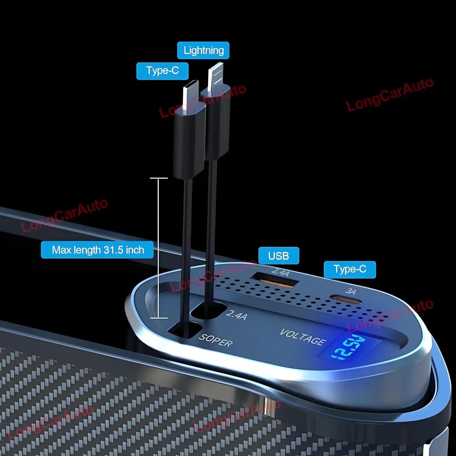 5 in 1 Car Seat Gap Organizer With Wireless Charger Fast Retractable Cable IOS Type C Lighting Cup Holder Cigarette Lighter Storage Box