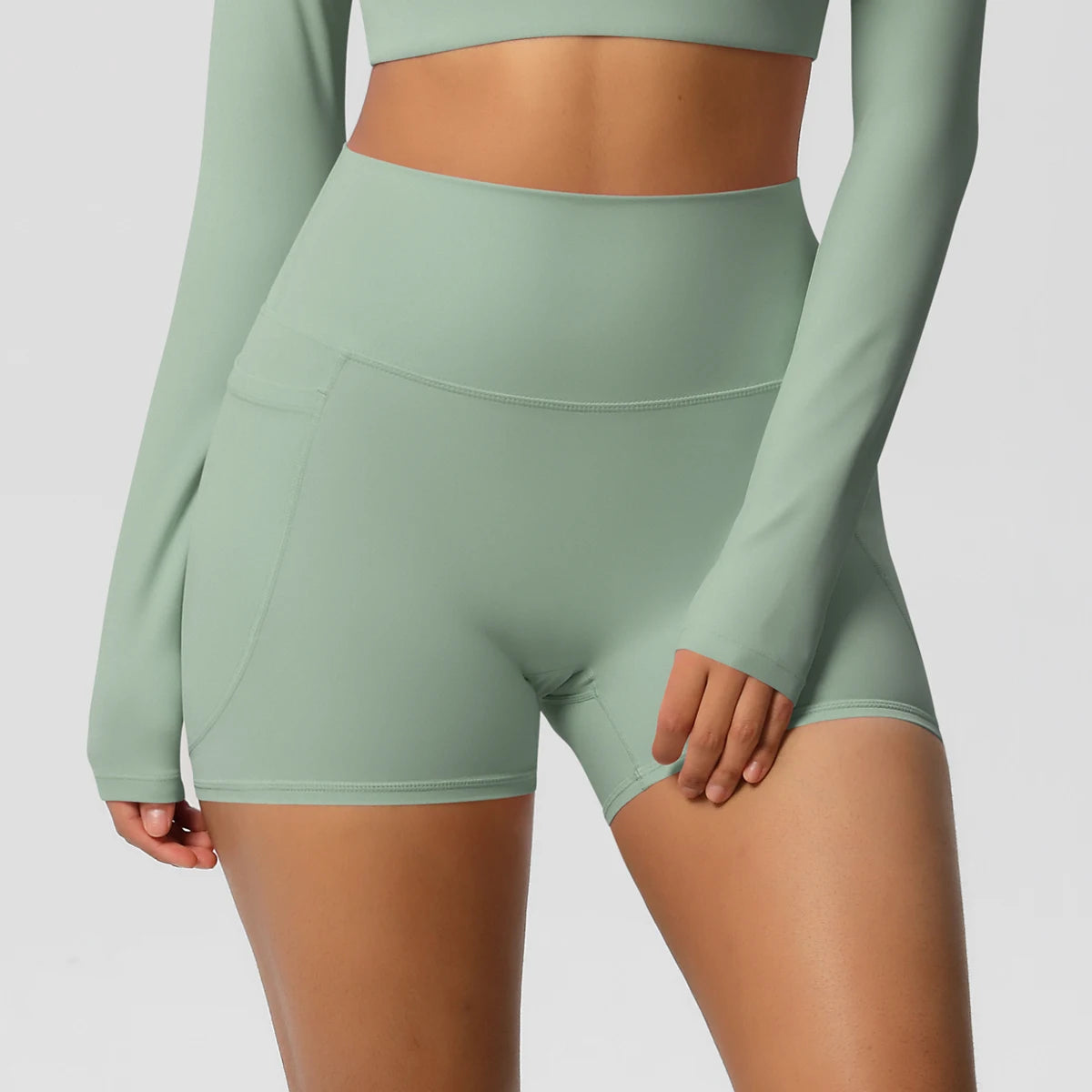 Women's Solid Color Nylon Yoga Tightening Tummy Lifting Shorts Outdoor Cycling Running With Pockets Sports Shorts Gym Pilates