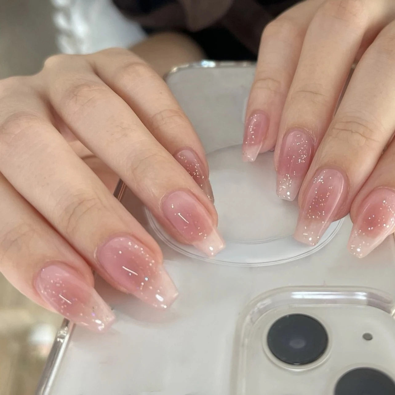 24Pcs Glitter Diamond Press On Nails Blush Pink Cat Eye Fake Nails Sweet Cute Coffin Full Cover Short Square False Nail Tips Art