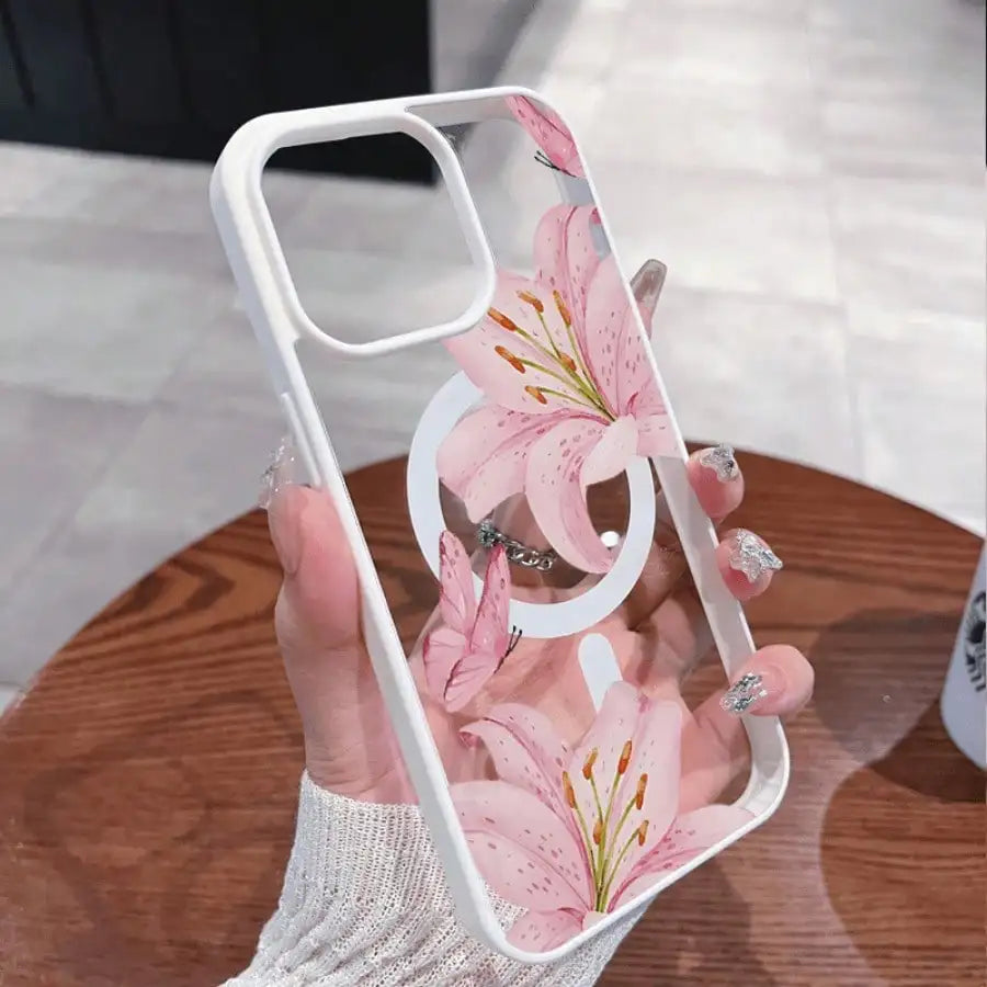 Pink Lily Magnetic Phone Case For iPhone 17 16 15 14 13 12 11Pro Max Plus It features a stylish pattern design