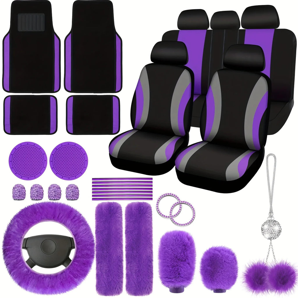 47pcs Car Seat Cover Full Set Car Seat Covers for Car Front Rear Seat Cover Fluffy Steering Wheel Cover Seat Belt Automotive Floor Mats Car Air Conditioner Decoration Strip Car Accessories Women
